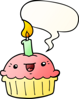 cartoon cupcake with candle with speech bubble in smooth gradient style png