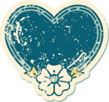 ikoniska bedrövad klistermärke tatuering stil bild av en hjärta och blomma png