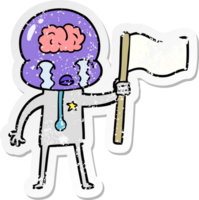 distressed sticker of a cartoon crying big brain alien waving a flag png