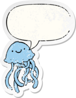 cartoon happy jellyfish with speech bubble distressed distressed old sticker png