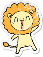 distressed sticker of a happy cartoon lion png