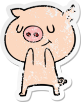 distressed sticker of a happy cartoon pig png