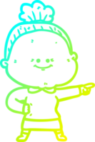 cold gradient line drawing of a cartoon happy old woman png