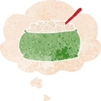 tecknad serie socker skål med trodde bubbla i grunge bedrövad retro texturerad stil png