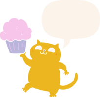 dessin animé chat avec petit gâteau avec discours bulle dans rétro style png