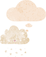 cartoon storm cloud with thought bubble in grunge distressed retro textured style png