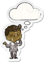 cartoon man wondering with thought bubble as a distressed worn sticker png