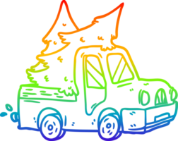 rainbow gradient line drawing of a pickup truck carrying christmas trees png