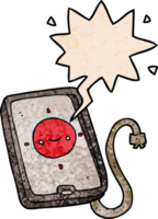dibujos animados móvil teléfono dispositivo con habla burbuja en retro textura estilo png