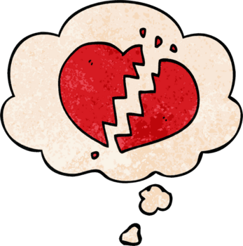 cartoon broken heart with thought bubble in grunge texture style png
