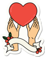tattoo style sticker with banner of hands reaching for a heart png