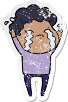 distressed sticker of a cartoon man crying png