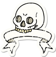 worn old sticker with banner of a skull png