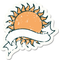 worn old sticker with banner of a sun png