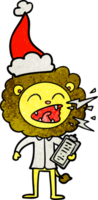 hand drawn textured cartoon of a roaring lion doctor wearing santa hat png