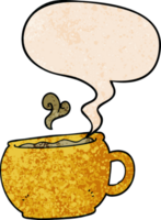 cartoon coffee cup with speech bubble in retro texture style png