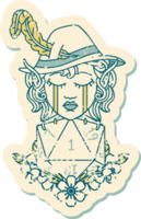 Retro Tattoo Style crying elf bard character with natural one D20 roll png