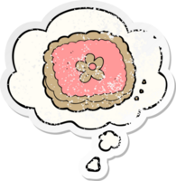 cartoon biscuit with thought bubble as a distressed worn sticker png