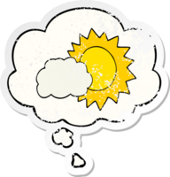 cartoon weather with thought bubble as a distressed worn sticker png