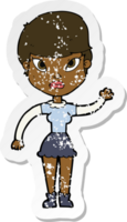 retro distressed sticker of a cartoon woman waving png