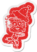 happy quirky cartoon distressed sticker of a robot wearing santa hat png