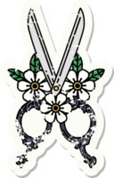 verontrust sticker tatoeëren in traditioneel stijl van kapper schaar en bloemen png