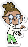 distressed sticker of a cartoon crying woman wearing spectacles png