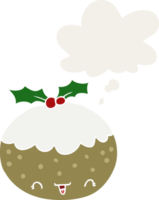 cute cartoon christmas pudding with thought bubble in retro style png