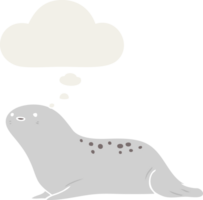 cartoon seal with thought bubble in retro style png