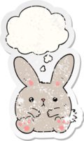 cartoon rabbit with thought bubble as a distressed worn sticker png