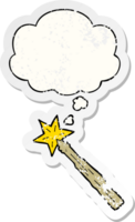 cartoon magic wand with thought bubble as a distressed worn sticker png
