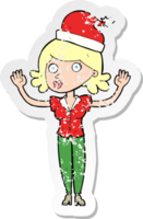 retro distressed sticker of a cartoon woman wearing christmas hat png