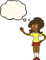 cartoon pretty woman waving for attention with thought bubble png
