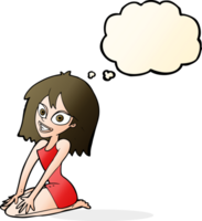 cartoon happy woman in dress with thought bubble png