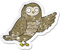 distressed sticker of a cartoon owl pointing png