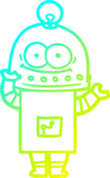 cold gradient line drawing of a happy carton robot with light bulb png