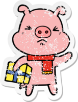 autocollant en détresse d'un cochon en colère de dessin animé avec un cadeau de noël png