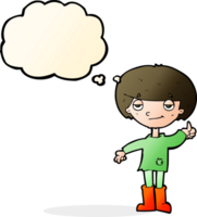cartoon boy in poor clothing giving thumbs up symbol with thought bubble png