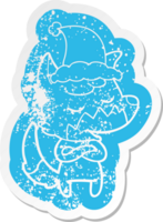 friendly quirky cartoon distressed sticker of a fox wearing santa hat png