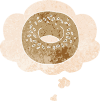 cartoon donut with thought bubble in grunge distressed retro textured style png