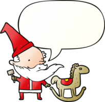 cartoon santa or elf making a rocking horse with speech bubble in smooth gradient style png