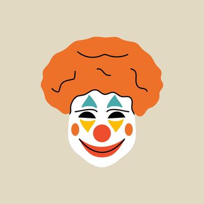 Circus elements in modern flat, line style. Hand drawn illustration of clown mask, Isolated graphic design element