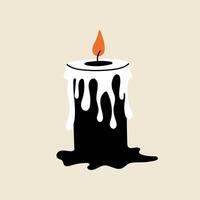 Black and white burning candle with melting wax, Halloween element in modern flat, line style. Hand drawn illustration vector