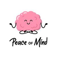 humano cerebro es sentado en un yoga actitud para parches, insignias, pegatinas, carteles linda gracioso dibujos animados personaje icono en asiático japonés kawaii estilo. paz de mente, motivacional y creativo cita. vector