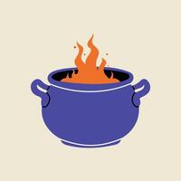 Violet witch cauldron, Halloween element in modern flat, line style. Hand drawn illustration vector