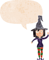 cartoon witch with speech bubble in grunge distressed retro textured style png