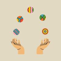 Circus elements in modern flat, line style. Hand drawn illustration of juggling hands with balls, Isolated graphic design element vector