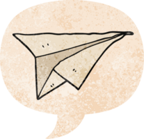 cartoon paper airplane with speech bubble in grunge distressed retro textured style png