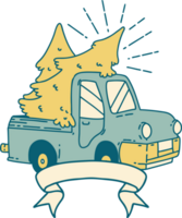 scroll banner with tattoo style truck carrying trees png