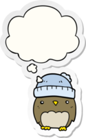 cute cartoon owl in hat with thought bubble as a printed sticker png